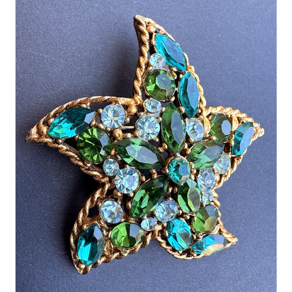 Vintage Regency Starfish Pin Brooch Gold Tone Green Blue Rhinestones 2" - Picture 5 of 8